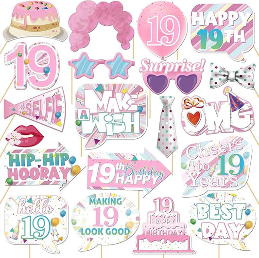 20 Pcs Girl 19th Birthday Photo Booth Props Kit, Pink Nineteen Birthday Selfie Decorations, Girl's 19th Bday Party Photography Supplies