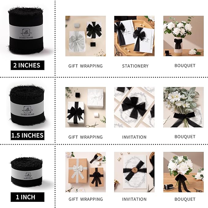 DORIS HOME 2" x21Yd Chiffon Ribbon for Flower Bouquet, Black & White Fabric Ribbon for Gift Wrapping, Handmade Frayed Ribbon for Wedding Christmas Decorations