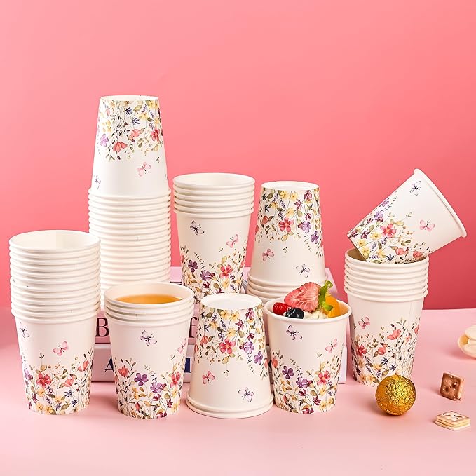 AllReal 100Pcs Wildflower Paper Cups Watercolor Pink Violet Wild Flowers Party Cups 9oz Summer Floral Butterflies Disposable Coffee Cup for Birthday Bridal Baby Shower Party Supplies