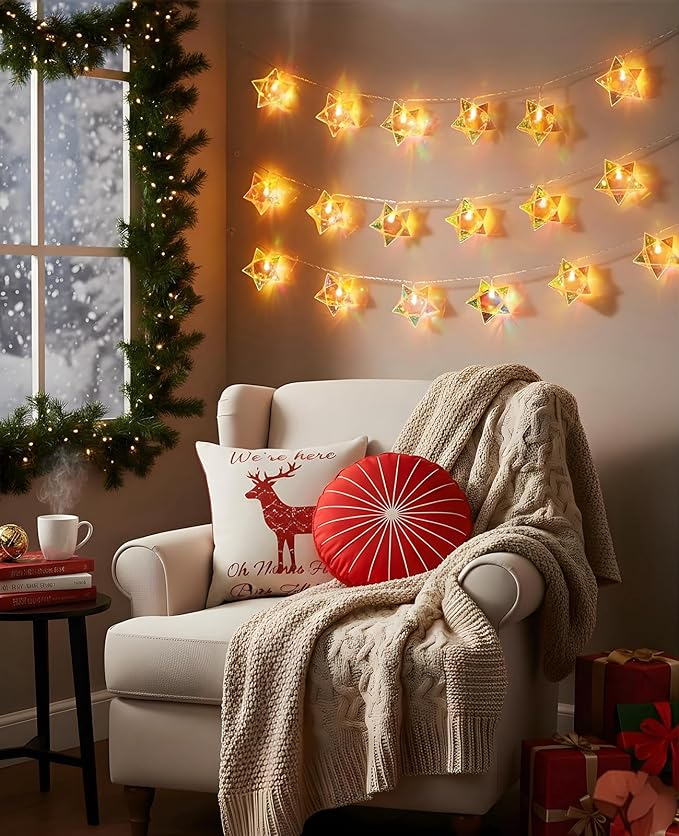 AceList 10ft 20-LED Holographic Star String Lights – Perfect for Home Decor, Intimate Gatherings, Seasonal Celebrations, Christmas Gifts, Halloween, Birthday Decorations(Warm White)