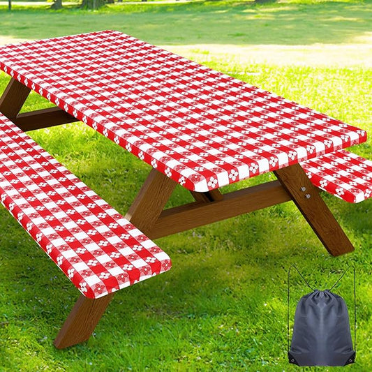 Smiry Picnic Table Cover with Bench Covers, Waterproof Elastic Fitted Tablecloth for 8 Foot Tables, Washable Polyester Tablecloths for Camping, Indoor & Outdoor (Red & White, 30x96 Inch 3-pc Set)