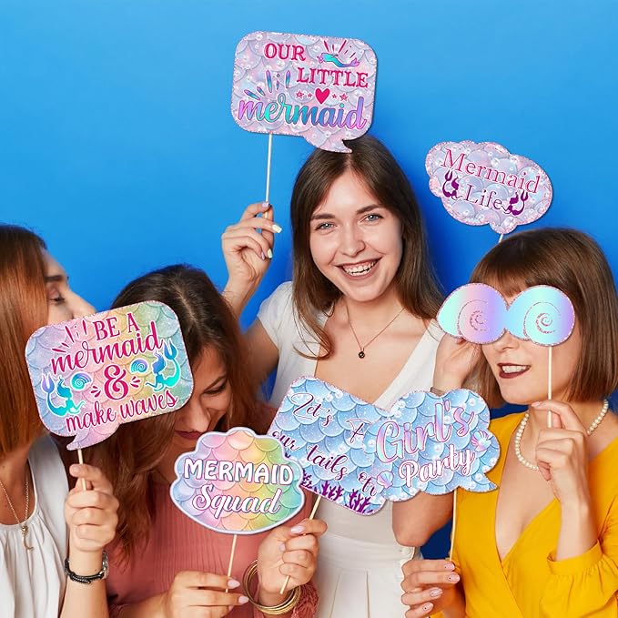 22 Pcs Mermaid Photo Booth Props, Pink Glitter Mermaid Props Kit with Ocean Theme, 5th 10th Birthday Party Favors Decorations Supplies