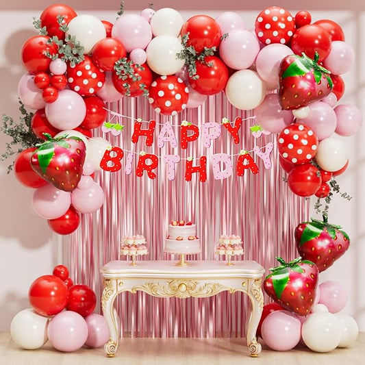 Strawberry Birthday Party Decorations 101pcs, Red Pink Red white Strawberry Balloons with Pink Fringe Curtain Happy Birthday Banner for Sweet Girl Berry First Birthday Baby Shower Party Decor