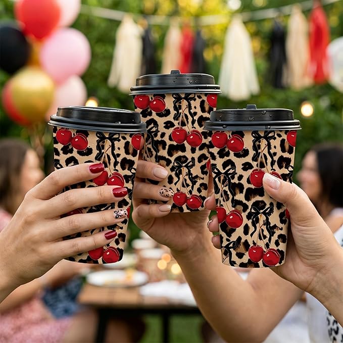 Whaline 50 Sets Leopard Print Coffee Paper Cups Bow Cherry Cheetah 16oz Disposable Cups with Lids for Hot Cold Drinks Birthday Bachelorette Safari Animal Party Supplies