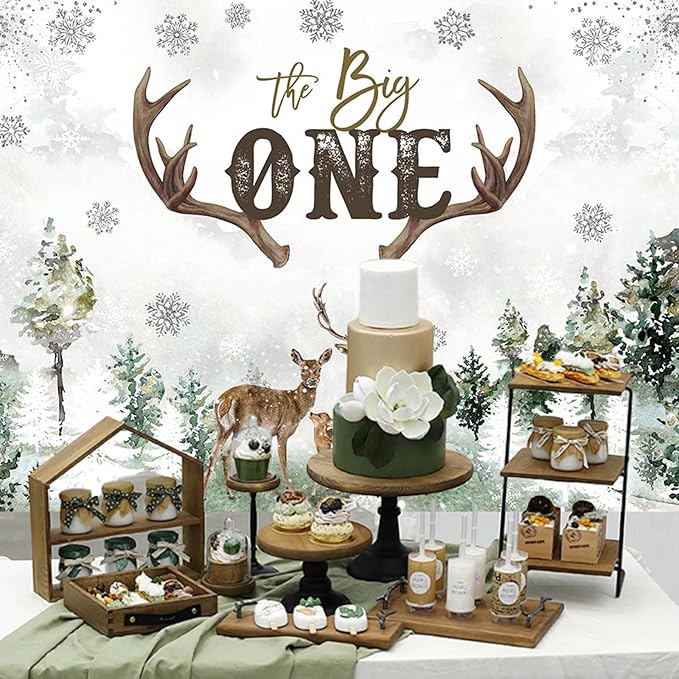 Mocsicka Deer 1st Birthday Backdrop Advenrture Winter Forest Deer Party Decoration The Big One Deer Antlers Rustic 1st Birthday Banner Bakground (Green, 7x5ft(82x60 inch))