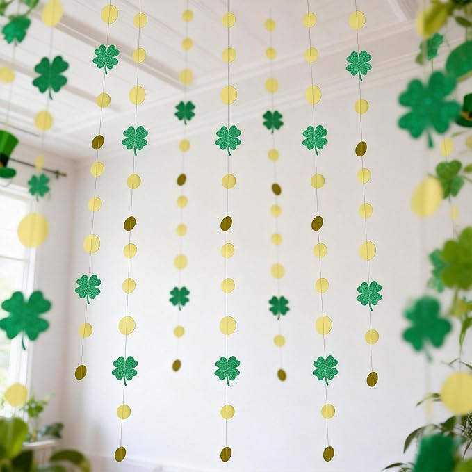 40Ft Glitter Shamrock Clover Garland St. Patrick's Day Decor Clover Glitter St Paddys Banner Hanging Streamers for Irish Lucky Spring Party Home Office Decor Supplies