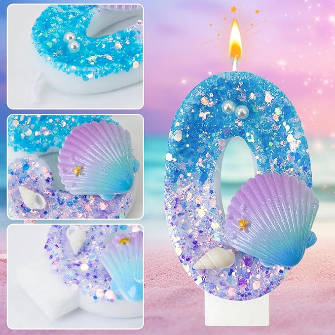 Blue and Purple Birthday Candles, 0th Birthday Cake Decoration, Cupcake Candles，Suitable for Mermaid Theme Party Cake Decoration (0)