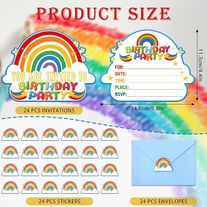 Hotop 24 Sets Rainbow Birthday Invitations with Envelopes and Stickers FOR GIRLS Party Invitations for Kids Birthday Baby Shower Party