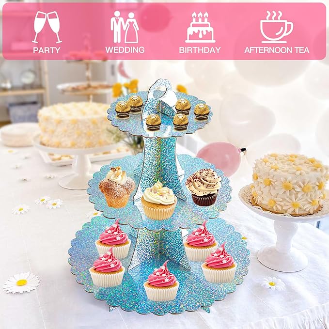 Soleebee 3-Tier Cupcake Stand, Cardboard Cupcake Tower, Dessert Cup Cake Stand Tower for Birthday Wedding Party Decoration, Cupcake Tier Stand 1 Set (Glitter AB Color)