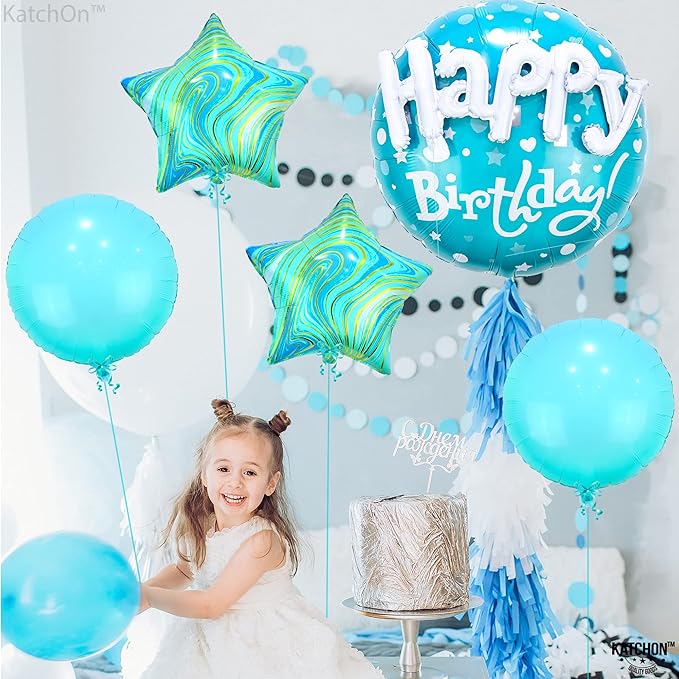 KatchOn, Blue Happy Birthday Balloon Set - 23 Inch, Large, Pack of 5 | Sea Turtle Birthday Decorations, Blue Sea Turtle Balloons | Teal Happy Birthday Balloons for Turtle Themed Birthday Decorations