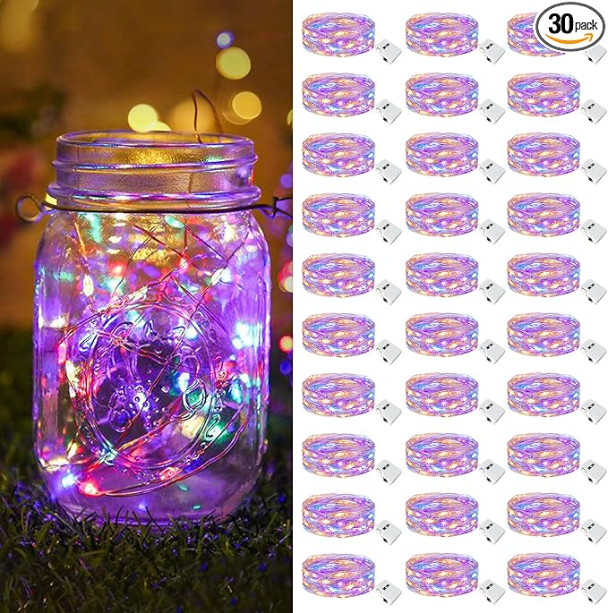 btfarm 30 Pack Fairy Lights Battery Operated [3 Modes], 7ft 20 Led Twinkle Lights String Lights Waterproof Bulk Small Mini Silver Wire for Mason Jars Vases Wedding Table Centerpiece, Multicolor