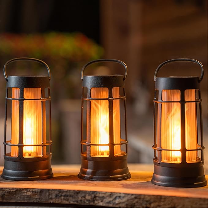 FoxFlame Upgraded Metal Outdoor Solar Lantern, Flickering Solar Lanterns Outdoor Waterproof with Patented LED, Outdoor Lanterns for Porch, Patio, Garden, Tabletop, Hanging Use, Matte Black (1 Pack)