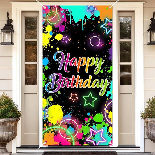 Avezano Glow Neon Birthday Door Cover Glow in The Dark Photo Door Banner Graffiti Splash Paint Neon Birthday Party Decorations