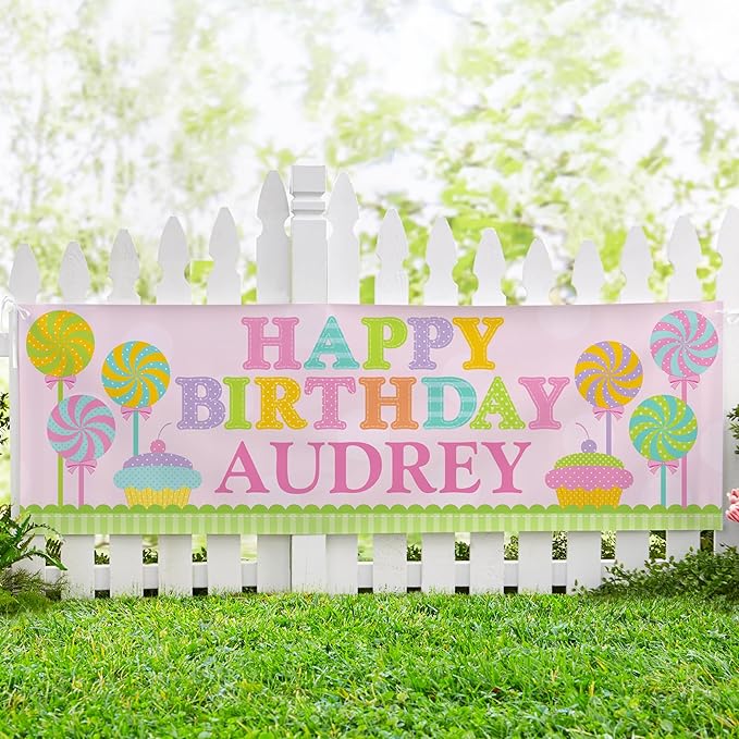 Let's Make Memories Personalized Pink Happy Birthday Banner for Kids - Custom Birthday Party Decorations - Indoor/Outdoor Vinyl - Any Name - Sweets Design - 10ft