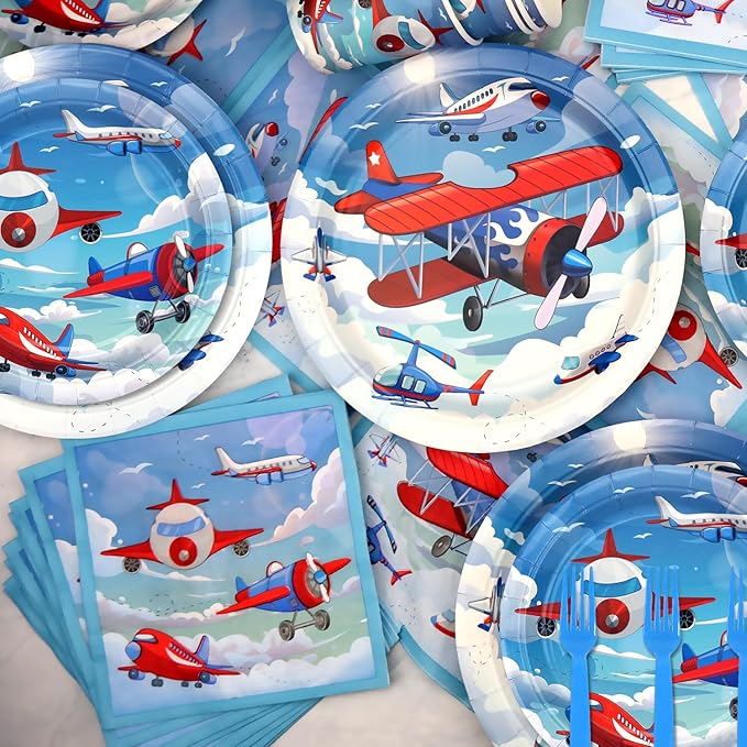 Airplane Party Supplies - Camping Party Tableware - Dinner Plates, Dessert Plates, Napkins, Forks for Plane Theme Party, Baby Shower Supplies, Serves 25