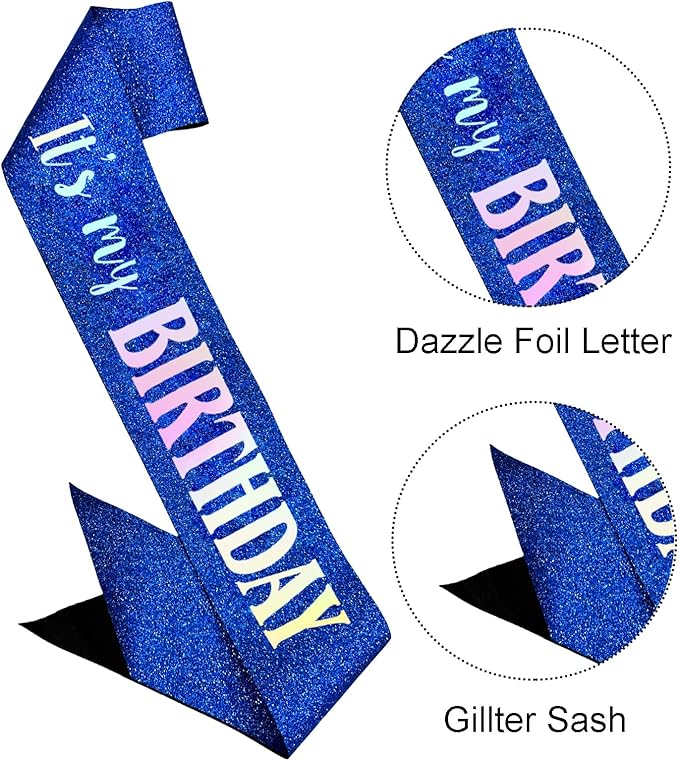 It's My Birthday Sash, Dazzle Foil Letter Glitter Royal Blue Birthday Sash for Women Men Girl Boy Kids Teenager Funny Bday Gifts Party Favors Photo Prop