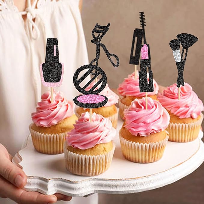 Ercadio 24Pcs Glitter Makeup Cupcake Toppers Mascara Lipstick Cupcake Picks Makeup Brushes Cosmetics Food Picks for Makeup Birthday Cupcake Decors Bridal Shower Bachelorette Party Supplies