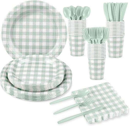 NatNarr 175 Pcs Sage Green Gingham Party Supplies Include Green Plates and Napkins Disposable Checkered Dinnerware Set for Baby Bridal Shower, Wedding, Birthday, Picnic