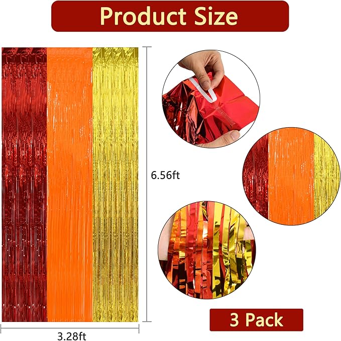 BEISHIDA 3Pcs Red Orange Gold Door Streamer Thanksgiving Day Backdrop Foil Fringe Tinsel Curtains Backdrops for Birthday Thanksgiving Fall Autumn Harvest Party New Year Decoration (3.28 ft x 6.56 ft)