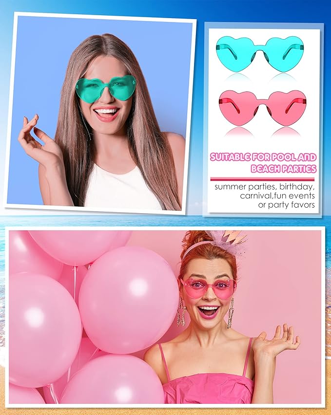 Kingdder 24 Pairs Heart Shaped Sunglasses Rimless Glasses Bulk Candy Color Tinted Eyewear Summer Party Favors