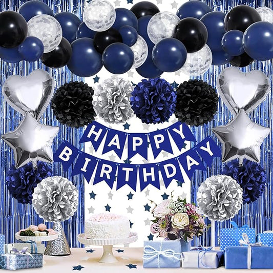 ZERODECO Birthday Party Decorations for Men, Black Navy Blue Silver Happy Birthday Banner Pompoms Balloon Arch Fringe Curtain Party Décor for Men Boys Women Girls Party Decorations Kit