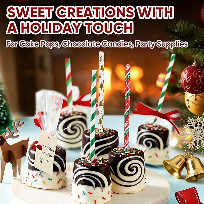 Haundry 200 Christmas Paper Straws, 8 Styles Red Green White Gold Biodegradable Party Drinking Straws with Stripe, Wave, Christmas Tree Snowflake Design Decorations Supplies (color-200)