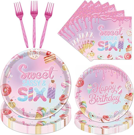 Sweet Sassy Six Birthday Decorations, 96PCS 6th Bday Decoration for Girls Paper Plates and Napkins Party Tableware Decor 6 Years Old Forks Supplies Serve 24