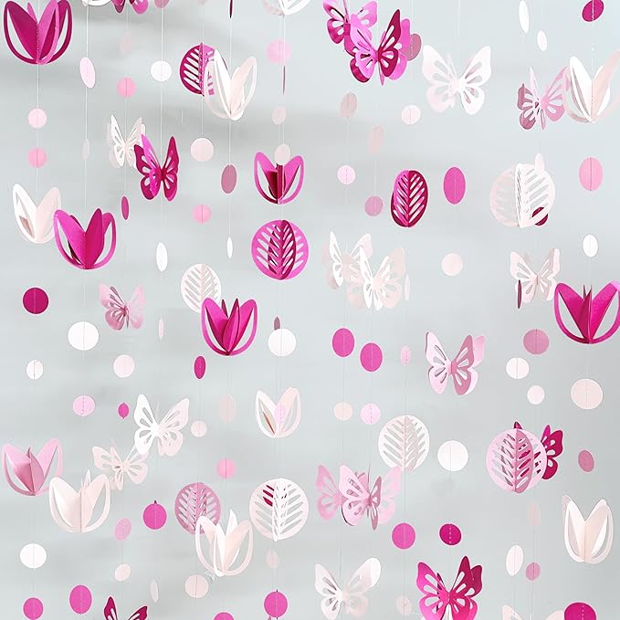 Spring Party Decorations Hot Pink White 3D Butterfly Tulip Flower Leaf Circle Dot Garland Hanging Paper Streamer for Pink Spring Summer Wedding Engagement Bridal Shower Birthday Tea Party Supplies