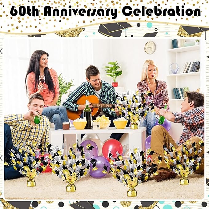 Juexica 12 Pcs 2026 Metallic Burst Table Centerpiece Mini Grad Caps Foil Spray Black Gold Silver Graduation Party Glitter Tableware Decorations for High School College Congrats Dinner Decor 14"
