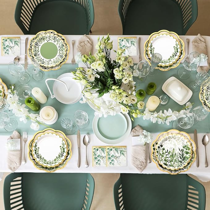 144 Pcs 48 Guests Sage Green Party Plates and Napkins Scalloped Green Eucalyptus Paper Plates Napkins Disposable Tableware for Birthday Bridal Baby Shower Wedding Decorations Party Supplies