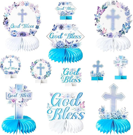 ANGOLIO 12Pcs Baptism Honeycomb Centerpieces Birthday Party Decor, Summer Blue Purple God Bless Cross Religious Baptism Table Centerpieces for Baby Shower First Communion Gender Neutral Decorations