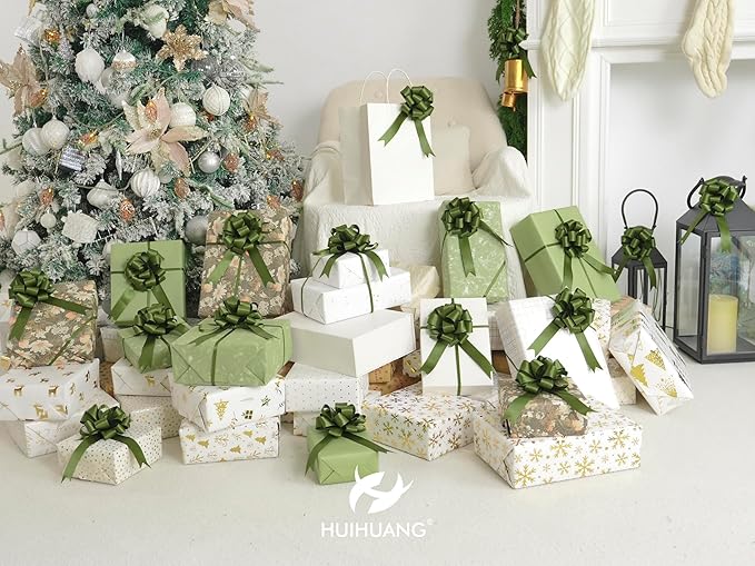 HUIHUANG Green Bows for Gift Wrapping 12 PCS Moss Green Pull Bows 4" x 8" Satin Gift Bow for Presents, Gift Basket, Paper Bag, Wrapping Accessories, Baby Shower Favors, Wedding Christmas Decor