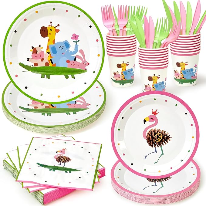 144Pcs Flamingo Animals Birthday Party Supplies Decorations Animal Themed Paper Plates Napkins Vintage Party Tableware Disposable Dinnerware for Girl Kid Birthday Baby Shower Table Decor, Serve 24