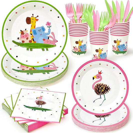 144Pcs Flamingo Animals Birthday Party Supplies Decorations Animal Themed Paper Plates Napkins Vintage Party Tableware Disposable Dinnerware for Girl Kid Birthday Baby Shower Table Decor, Serve 24
