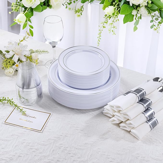 DaYammi 210PCS Silver Plastic Dinnerware Set for 30 Guests, Fancy Disposable Plates for Party, Include: 30 Dinner Plates, 30 Dessert Plates, 30 Pre Rolled Napkins with Silver Silverware, 30 Cups