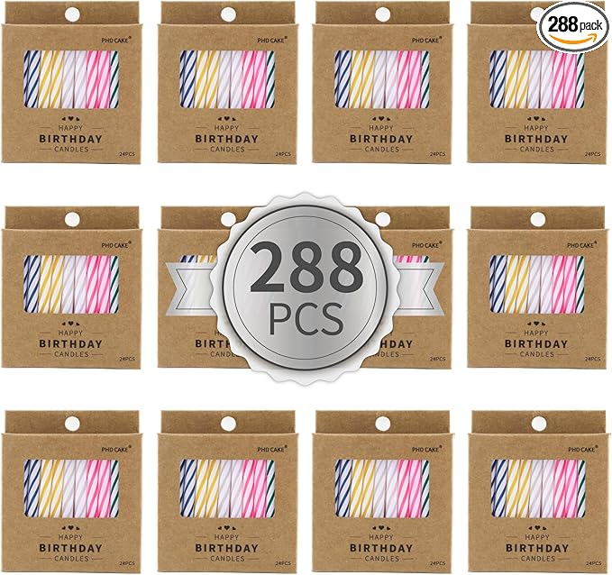 PHD CAKE 288-Count Multicolored Spiral Birthday Candle, Birthday Candles for Cake, Cupcake Candles, Party Celebration