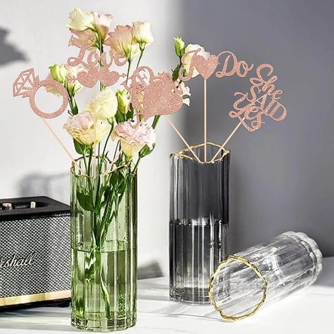 12 Pack He Asked She Said Yes Centerpiece Sticks Love Heart I do Ring Table Centerpiece Sticks for Wedding Engagement Bridal Theme Party Supplies Gold (rose gold)