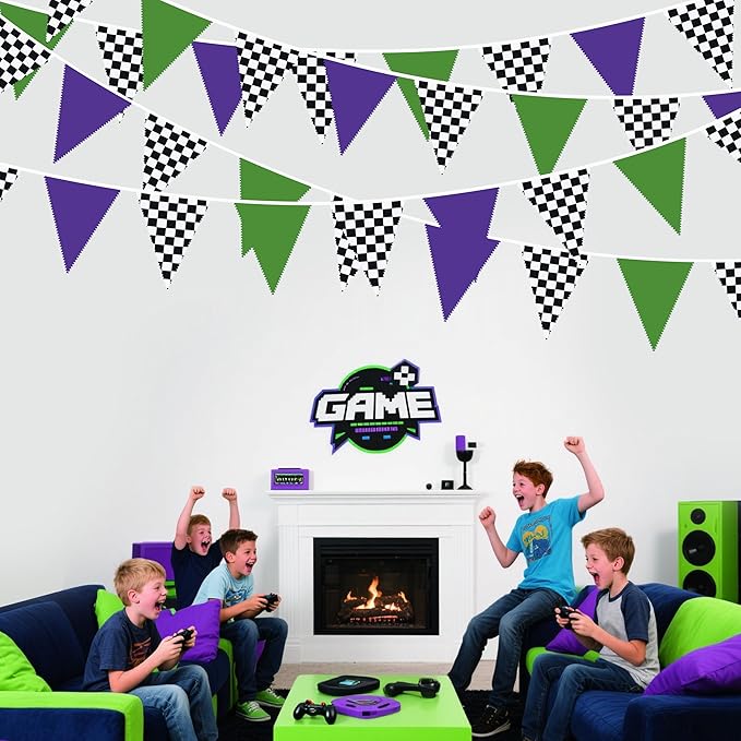 32Ft Monster Truck Party Decorations Purple Green and Black White Checkered Race Car Triangle Flag Pennant Banner Fabric Garland Streamer for Kids Racing Birthday NASCAR Party Baby Shower Decor