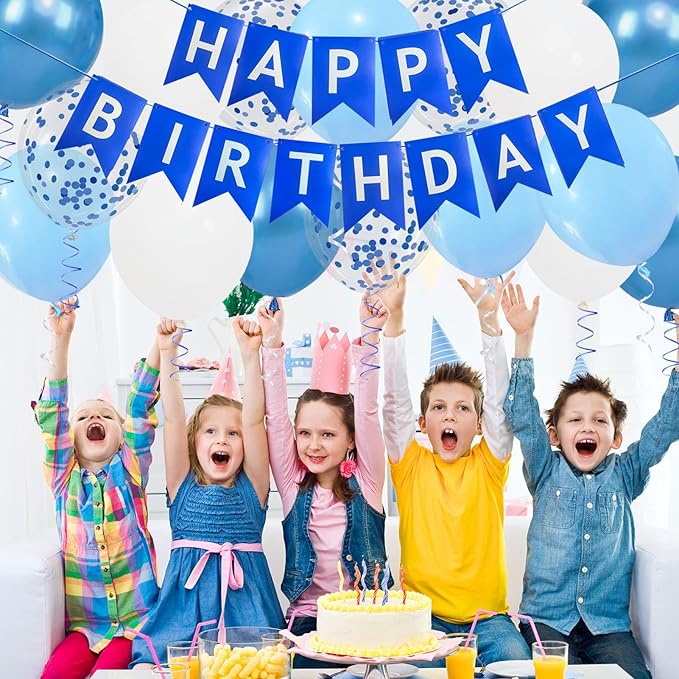 Happy Birthday Banner, Blue Birthday Decoration, 16 Pcs 12in Balloons with 2 Ribbons for Boys and Men Any Ages Party Decoration