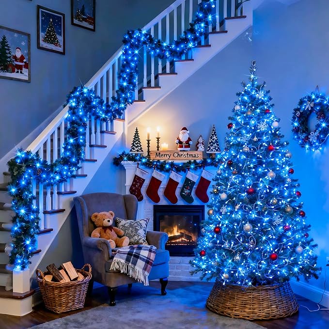 JMEXSUSS Blue Christmas String Lights Indoor Outdoor, 66ft 200 LED Blue String Lights Clear Wire Plug in, 8 Modes Waterproof Christmas Lights for Halloween Tree Party Bedroom Wall Christmas Decoration