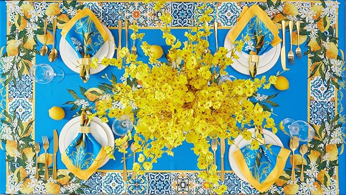 YiHomer Provence Blue Lemon Mediterranean Tile Tabletop for Spring Summer Decorations, Picnics and Dinner Parties - Indoor Outdoor, Stain and Water Resistant, Tablecloth, 60 x 102 Rectangle