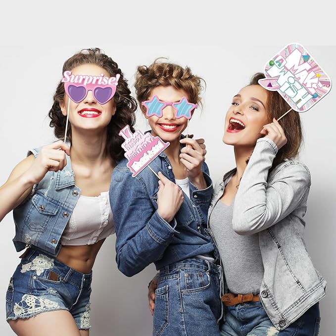 20 Pcs Girl 17th Birthday Photo Booth Props Kit, Pink 17th Birthday Party Selfie Decorations, Girl Teen's 17th Bday Party Photography Supplies