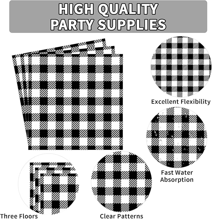 96 Pcs Black and White Gingham Party Supplies 350 GSM Disposable Black and White Buffalo Checked Paper Plates and Napkins Tableware Set for BBQ Picnic Race Car Birthday Party Decorations Serves 24