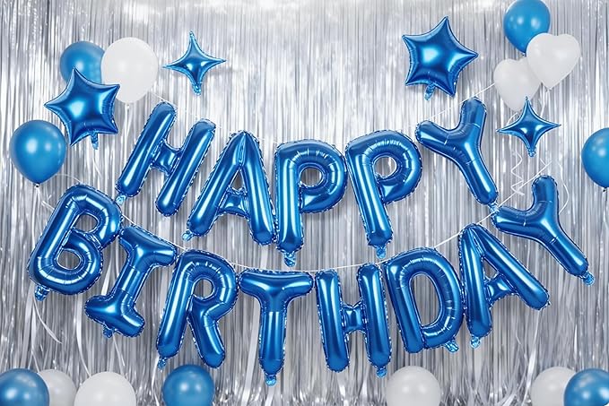 Blue Happy Birthday Banner Balloon Aluminum Foil 16 Inch Letter,10 Inch Five Pointed Star Four Pointed Star Suitable for Kids, Men, Women, Boys and Girls Party Decoration Supplies