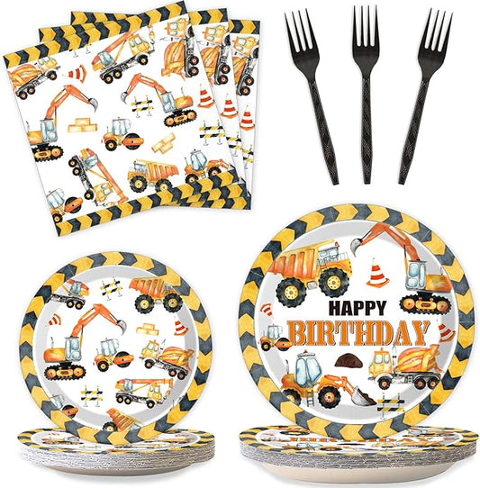 100 Pcs Construction Birthday Party Plates and Napkins Set Dump Truck Birthday Party Decorations Supplies Construction Tableware Construction Themed Party Favors for Boys Birthday Serves 25