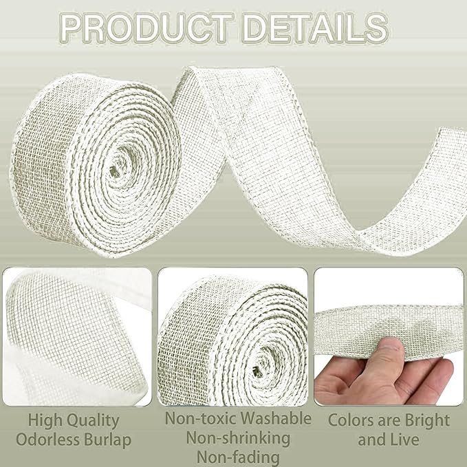 Ivory White Burlap Ribbon 1-1/2 inch X 10 Yard Natural Linen Woven Burlap Ribbons DIY Handmade Edging Production Wreath Holiday Decoration Ribbon Gift Wrapping Beige White Burlap Ribbons