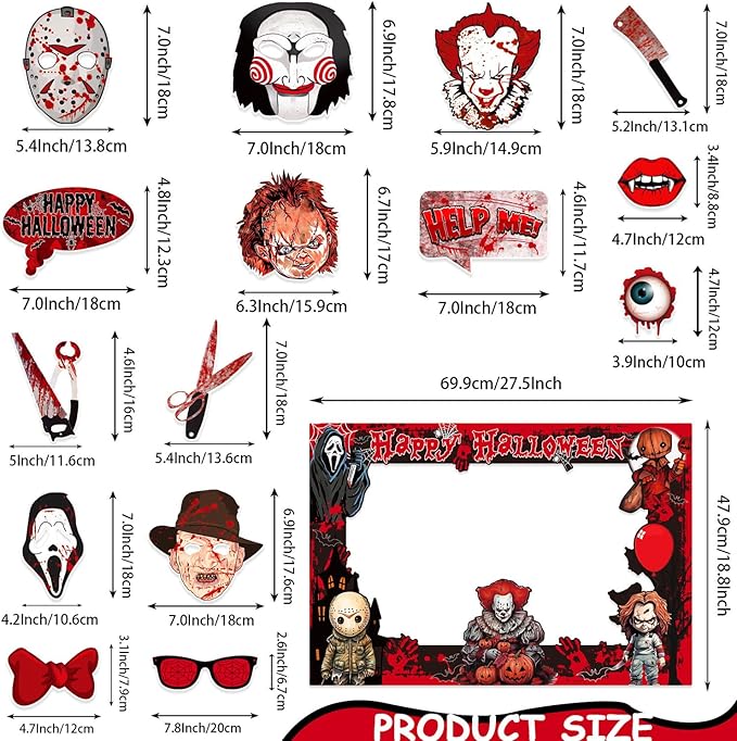 Halloween Photo Booth Props Kit, 16PCS Photo Props & Selfie Frame Halloween Party Decoration Supplies Dress Up Party Costumes Accessories for Photoshoot Selfie Props (Red)