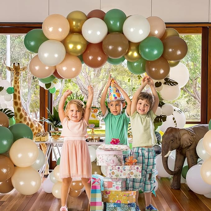 BAUANOOY Green and Brown Balloons, 60pcs 12 Inch Safari Balloons with Sage Green Brown Nude Metallic Gold Latex Balloon for Jungle Forest Baby Shower Birthday Party Decorations