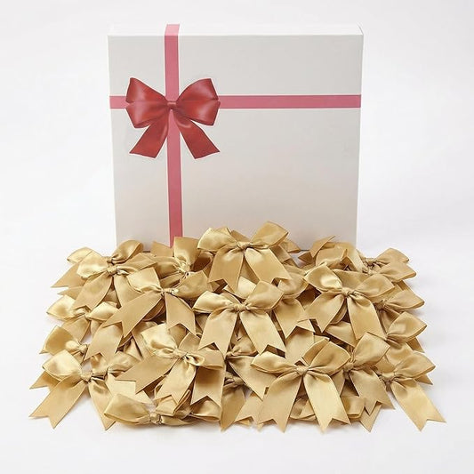 Gold Gift Wrap Bows – 50pcs 3.3 Inch Elegant Satin Bows for Gift Wrapping, Wedding Decor, Baby Shower, Party Decorations, Birthday, Easter, Christmas, Anniversary, DIY Crafts, Gift Bags