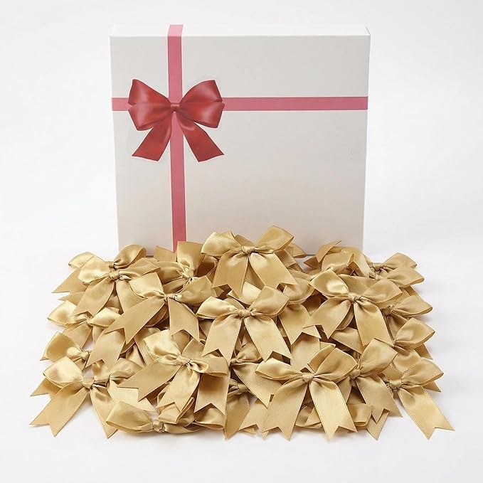 Gold Gift Wrap Bows – 100 Pcs 3.3 Inch Elegant Metallic Self Adhesive Bows for Wedding, Christmas, Corporate Events, Baby Shower, Birthday,Party Decorations (Includes 100 Adhesive)